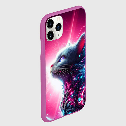 Чехол iPhone 11 Pro матовый Космический кибер котёнок - неоновое свечение / 3D-Фиолетовый – фото 2
