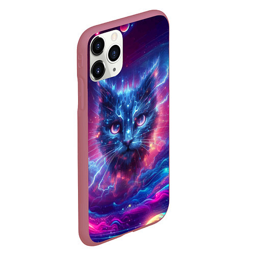 Чехол iPhone 11 Pro матовый Морда космического кота - неоновое свечение / 3D-Малиновый – фото 2