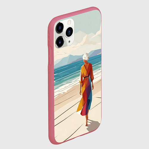 Чехол iPhone 11 Pro матовый Летний пейзаж с женщиной на пляже / 3D-Малиновый – фото 2