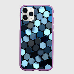Чехол iPhone 11 Pro матовый Голубые соты с бликом, цвет: 3D-фиолетовый