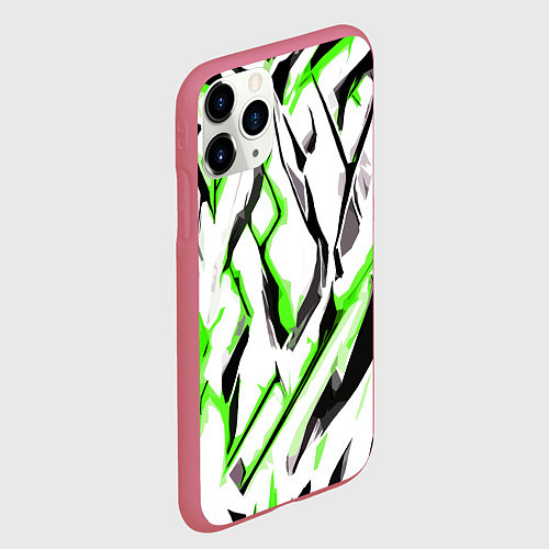 Чехол iPhone 11 Pro матовый Чёрно-зелёные агрессивные полосы на белом фоне / 3D-Малиновый – фото 2