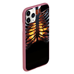 Чехол iPhone 11 Pro матовый Огонь в груди скелета - костюм на хэллоуин, цвет: 3D-малиновый — фото 2