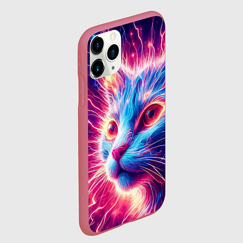 Чехол iPhone 11 Pro матовый Неоновая мордочка котёнка - нейроарт элетро кот / 3D-Малиновый – фото 2