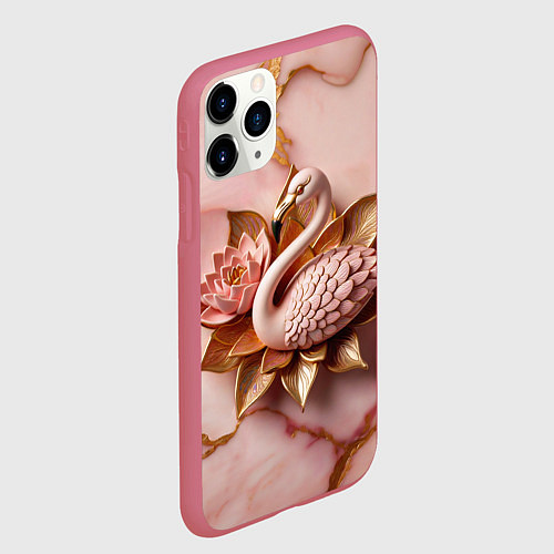 Чехол iPhone 11 Pro матовый Розовый мраморный фламинго и лотос / 3D-Малиновый – фото 2