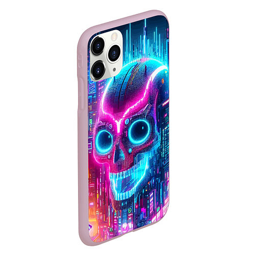 Чехол iPhone 11 Pro матовый Neon skull in metropolis - future / 3D-Розовый – фото 2