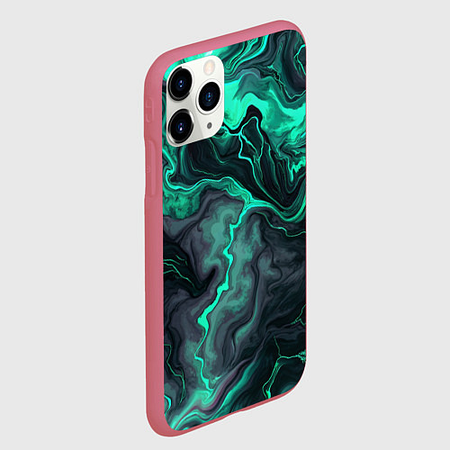 Чехол iPhone 11 Pro матовый Бирюзовый мрамор на черном фоне / 3D-Малиновый – фото 2