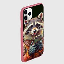 Чехол iPhone 11 Pro матовый Нейросеть - енот со смартфоном - картина, цвет: 3D-малиновый — фото 2