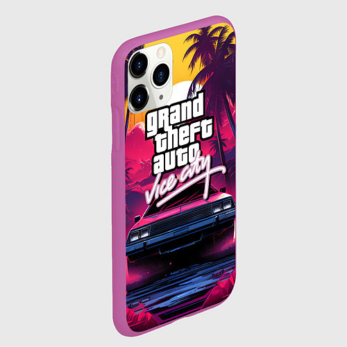 Чехол iPhone 11 Pro матовый Grand Theft Auto VI - автомобиль на закате / 3D-Фиолетовый – фото 2