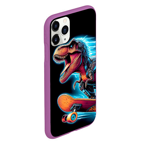 Чехол iPhone 11 Pro матовый Cool Dino on a skateboard - neon glow fantasy / 3D-Фиолетовый – фото 2