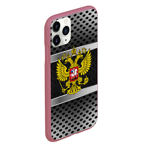 Чехол iPhone 11 Pro матовый Герб РФ текстура карбон / 3D-Малиновый – фото 2