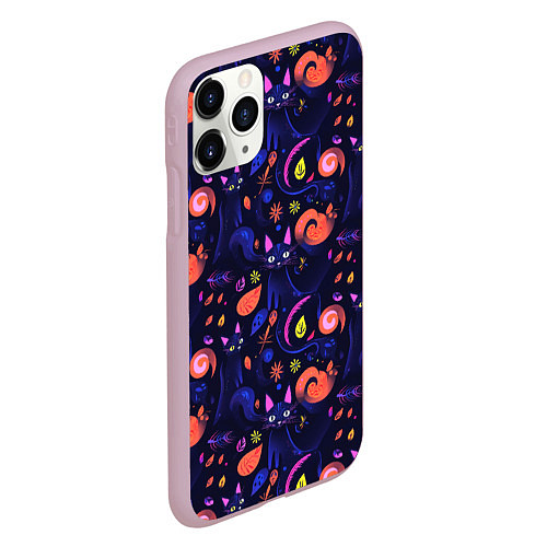 Чехол iPhone 11 Pro матовый Черные кошки - паттерн / 3D-Розовый – фото 2