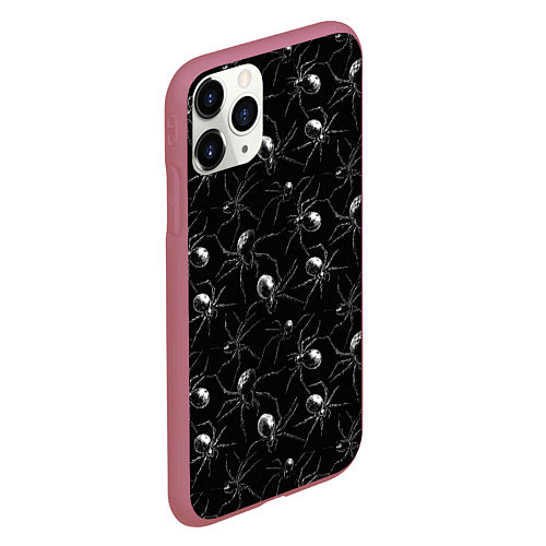 Чехол iPhone 11 Pro матовый Паттерн с пауками / 3D-Малиновый – фото 2