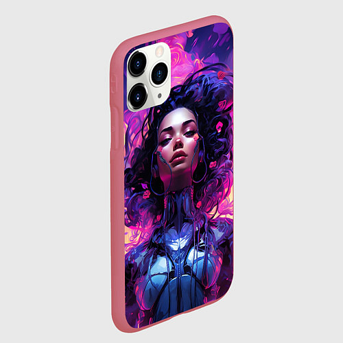Чехол iPhone 11 Pro матовый Девушка в стиле киберпанк с развевающимися волосам / 3D-Малиновый – фото 2