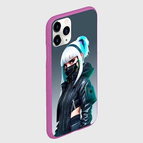 Чехол iPhone 11 Pro матовый Красивая блондинка в маске - киберпанк / 3D-Фиолетовый – фото 2