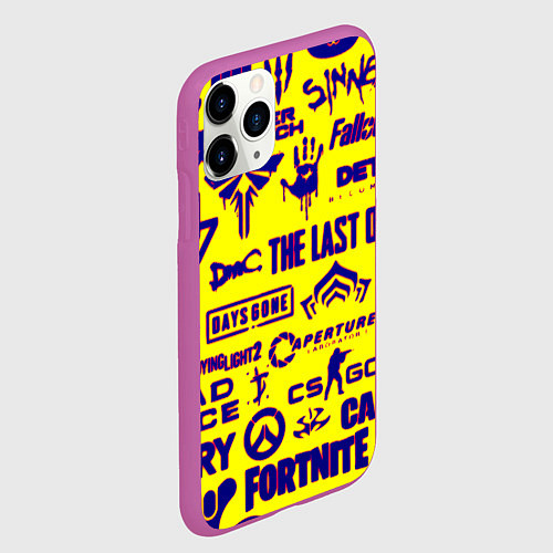 Чехол iPhone 11 Pro матовый Логотипы игр на жёлтом / 3D-Фиолетовый – фото 2