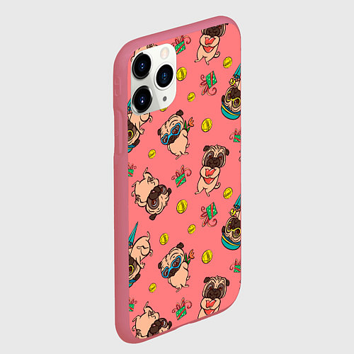 Чехол iPhone 11 Pro матовый Забавные мопсы паттерн / 3D-Малиновый – фото 2