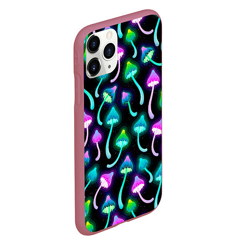 Чехол iPhone 11 Pro матовый Разноцветные неоновые грибы паттерн / 3D-Малиновый – фото 2