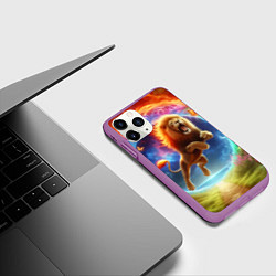 Чехол iPhone 11 Pro матовый Лев прыгает через огненное кольцо - нейроарт фанта, цвет: 3D-фиолетовый — фото 2