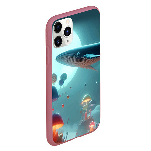 Чехол iPhone 11 Pro матовый Плывущий по небу кит среди грибов - фантазия / 3D-Малиновый – фото 2