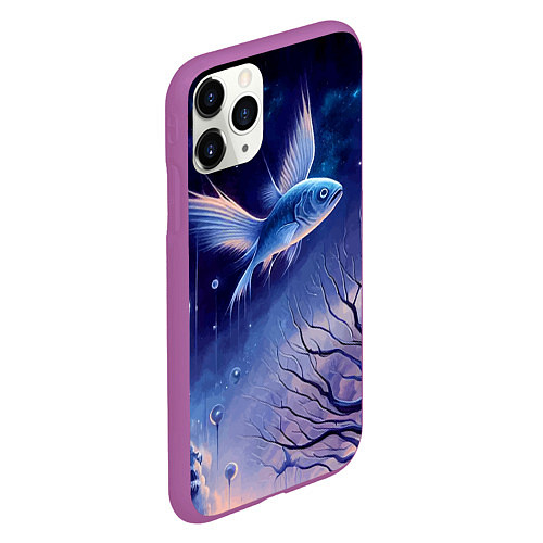 Чехол iPhone 11 Pro матовый Крылатая рыба - сюрреализм / 3D-Фиолетовый – фото 2