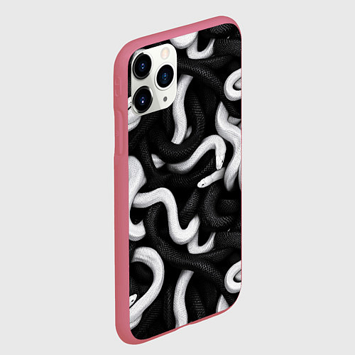 Чехол iPhone 11 Pro матовый Черные и белые змеи / 3D-Малиновый – фото 2