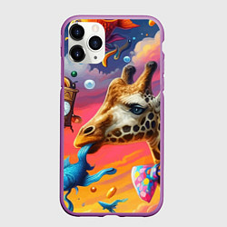 Чехол iPhone 11 Pro матовый Жираф в бабочке держит во рту рыбу - сюрреализм, цвет: 3D-фиолетовый