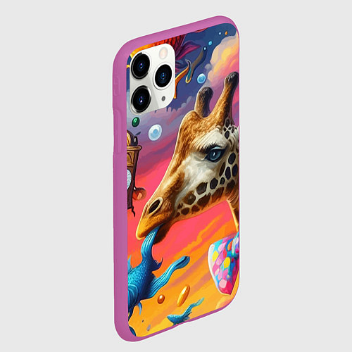 Чехол iPhone 11 Pro матовый Жираф в бабочке держит во рту рыбу - сюрреализм / 3D-Фиолетовый – фото 2