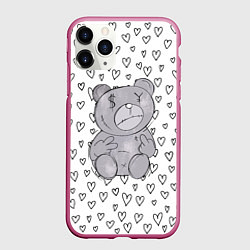 Чехол iPhone 11 Pro матовый Злой медвежонок черные сердца, цвет: 3D-малиновый