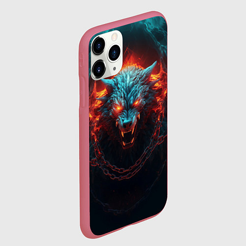 Чехол iPhone 11 Pro матовый Агрессивный волк с горящими глазами / 3D-Малиновый – фото 2
