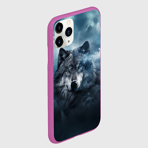 Чехол iPhone 11 Pro матовый Волк ночью под луной / 3D-Фиолетовый – фото 2
