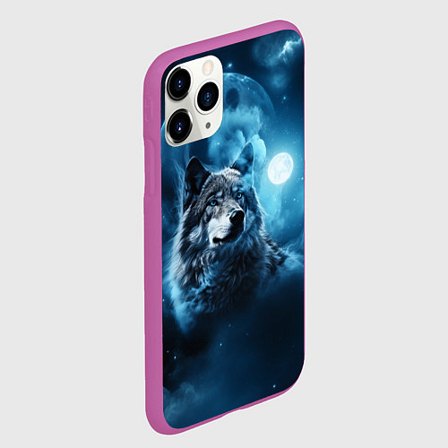 Чехол iPhone 11 Pro матовый Волк ночное синее небо / 3D-Фиолетовый – фото 2