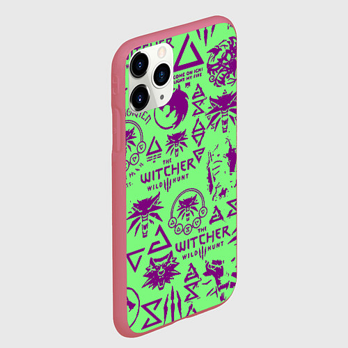 Чехол iPhone 11 Pro матовый Ведьмак паттерн логотипы / 3D-Малиновый – фото 2