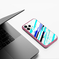 Чехол iPhone 11 Pro матовый Чёрно-сине-голубые полосы на белом фоне, цвет: 3D-малиновый — фото 2