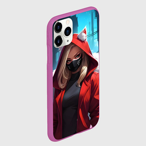 Чехол iPhone 11 Pro матовый Девушка кошка неоновый город / 3D-Фиолетовый – фото 2