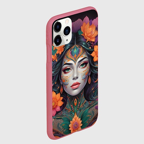 Чехол iPhone 11 Pro матовый Девушка с цветами / 3D-Малиновый – фото 2
