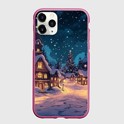 Чехол iPhone 11 Pro матовый Новогодний ламповый ночной город, цвет: 3D-малиновый