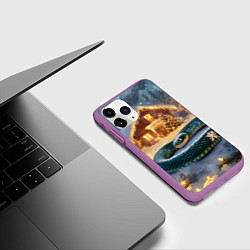 Чехол iPhone 11 Pro матовый Большая змея на фоне новогоднего дома, цвет: 3D-фиолетовый — фото 2
