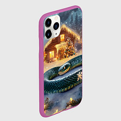 Чехол iPhone 11 Pro матовый Большая змея на фоне новогоднего дома, цвет: 3D-фиолетовый — фото 2