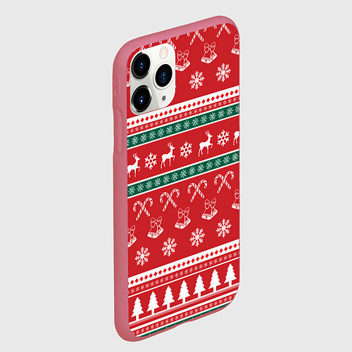 Чехол iPhone 11 Pro матовый Новогодний паттерн с оленями снежинками леденцами / 3D-Малиновый – фото 2