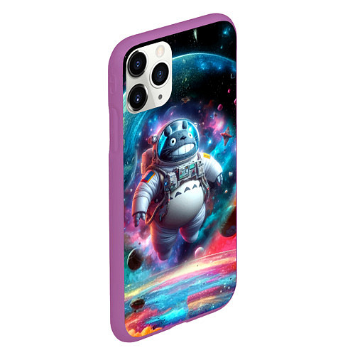 Чехол iPhone 11 Pro матовый Astronaut Totoro in neon space - ai art fantasy / 3D-Фиолетовый – фото 2