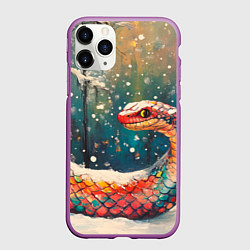 Чехол iPhone 11 Pro матовый Разноцветная огромная змея в зимнем лесу, цвет: 3D-фиолетовый