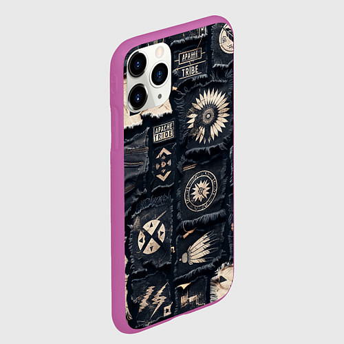 Чехол iPhone 11 Pro матовый Знаки Апачи на пэчворк дениме / 3D-Фиолетовый – фото 2