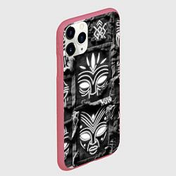 Чехол iPhone 11 Pro матовый Африканские маски на пэчворк дениме, цвет: 3D-малиновый — фото 2