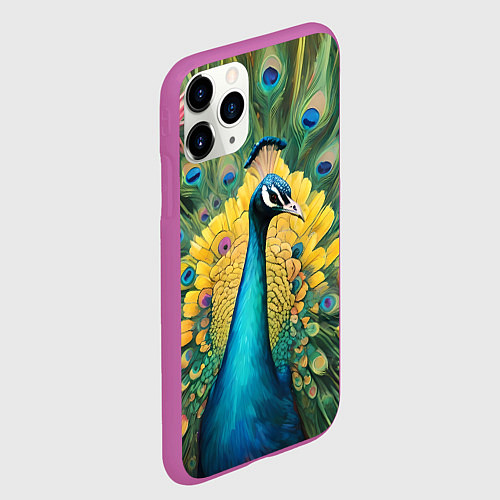 Чехол iPhone 11 Pro матовый Павлин, ананасы и пальмовые ветви / 3D-Фиолетовый – фото 2