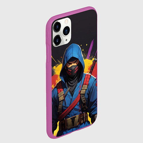 Чехол iPhone 11 Pro матовый Яркий самурай на темном фоне / 3D-Фиолетовый – фото 2