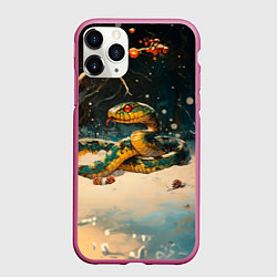 Чехол iPhone 11 Pro матовый Зеленая змея в ночном лесу, цвет: 3D-малиновый