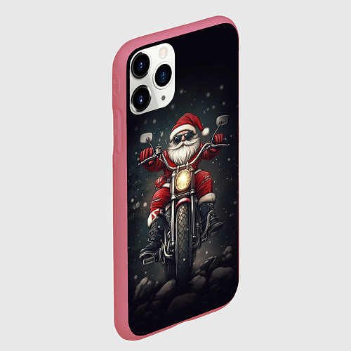 Чехол iPhone 11 Pro матовый Дед на байке - Новый год / 3D-Малиновый – фото 2