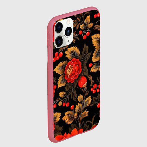 Чехол iPhone 11 Pro матовый Русская хохлома, цветы, паттерн / 3D-Малиновый – фото 2
