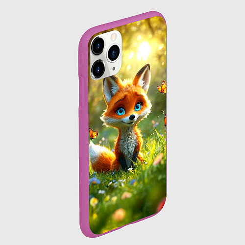 Чехол iPhone 11 Pro матовый Рыжая лисичка и бабочки / 3D-Фиолетовый – фото 2