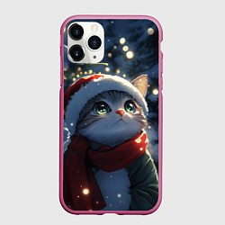 Чехол iPhone 11 Pro матовый Новогодний милый котенок, цвет: 3D-малиновый